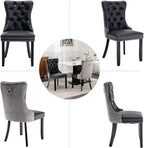 Dining Chairs Set of 6, Upholstered Dining Room Chairs with Back Ring Pull Trim and Solid Wood Legs, Modern Tufted Kitchen Chairs Perfect for Dining Room, Black Pu Leather Splicing Grey Velvet