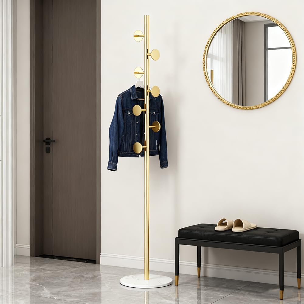 Coat Rack Freestanding with Marble Rock Slab Base, Heavy Duty Sturdy Stable Metal Tree Clothes Racks with 7 Staggered Round Hooks, Coat Hanger for Clothing Hats Bags Purses, for Room Entryway Bedroom