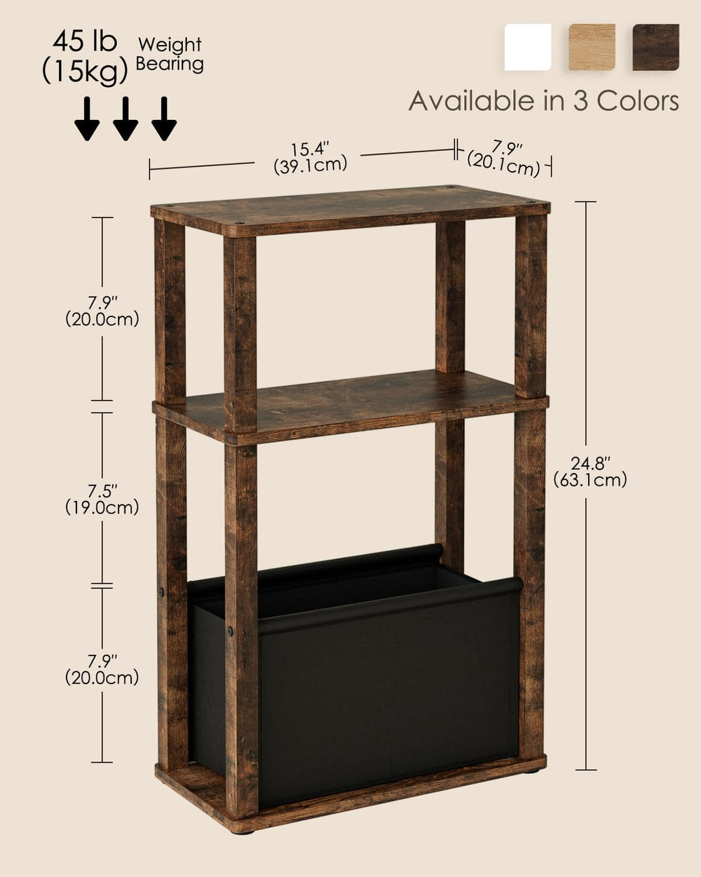 Narrow Side Table, 3-Tier Night Stand with Storage Bag, Skinny Nightstand for...