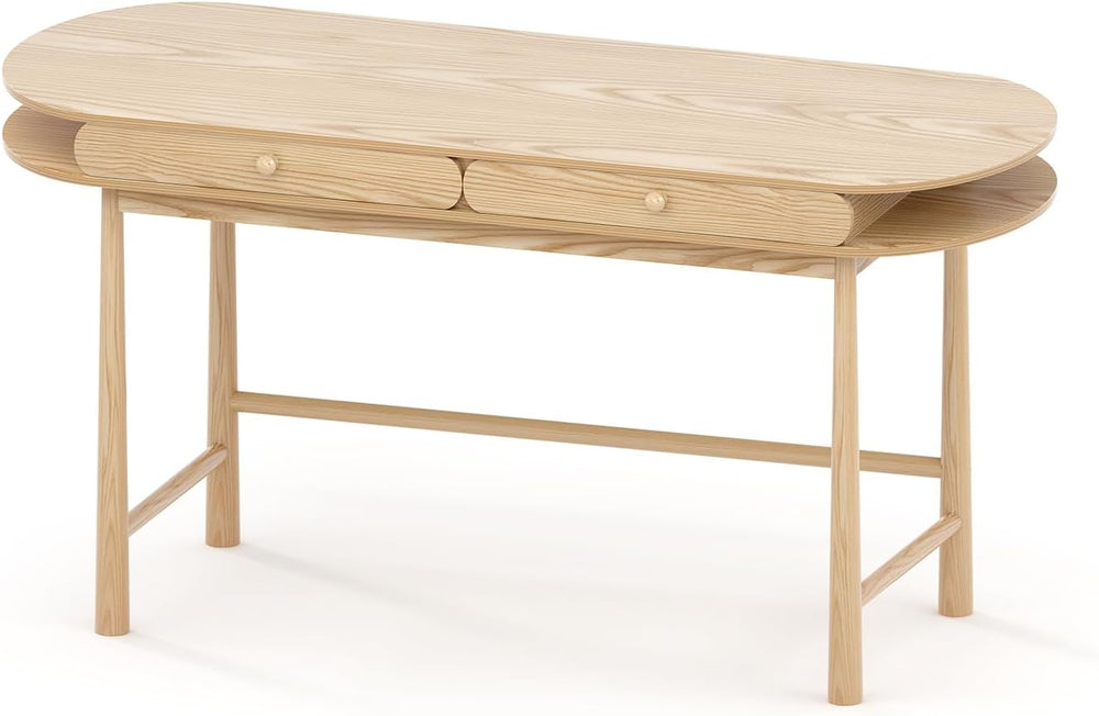 60in Solid Wood Desk - Oval-Shaped Double-Top Dressing Table, Ash