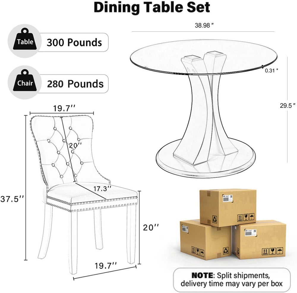 5-Piece Dining Table Set with 39In Tempered Glass Table and 4 Velvet Upholste...