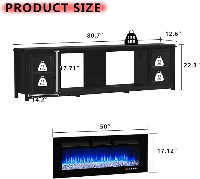 80'' Modern Electric Fireplace TV Stand, Entertainment Center with 50" Electric Fireplace, Wood Media Console Cabinet for TVs up to 90", for Living Room Bedroom, Black