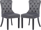 KCC Velvet Dining Chairs Set of 2, Upholstered High-end Tufted Dining Room Chair with Nailhead Back Ring Pull Trim Solid Wood Legs, Nikki Collection Modern Style for Kitchen, Grey