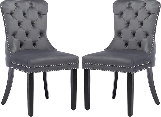 KCC Velvet Dining Chairs Set of 2, Upholstered High-end Tufted Dining Room Chair with Nailhead Back Ring Pull Trim Solid Wood Legs, Nikki Collection Modern Style for Kitchen, Grey