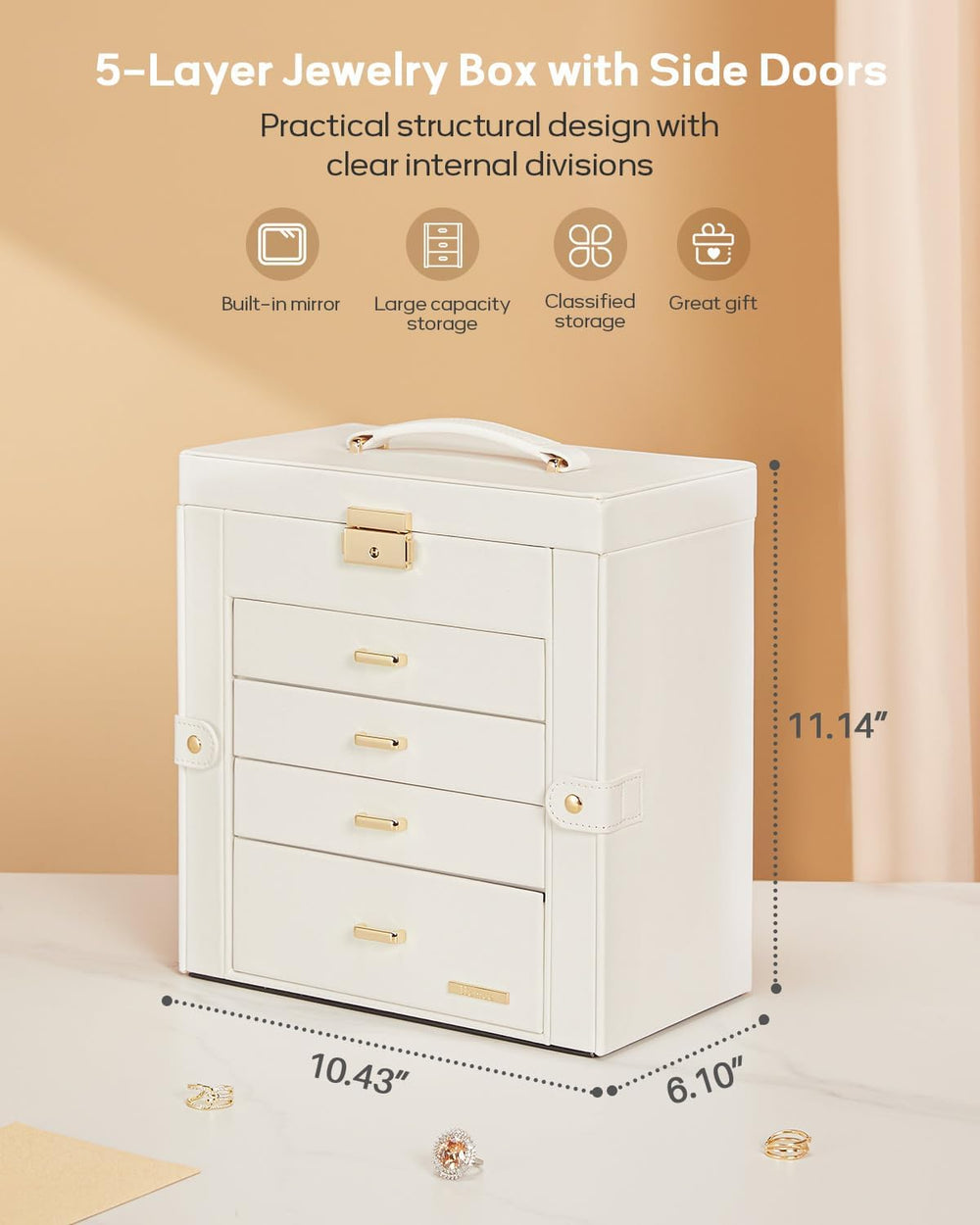 Homde Synthetic Leather Huge Jewelry Box Mirrored Watch Organizer Necklace Ri...