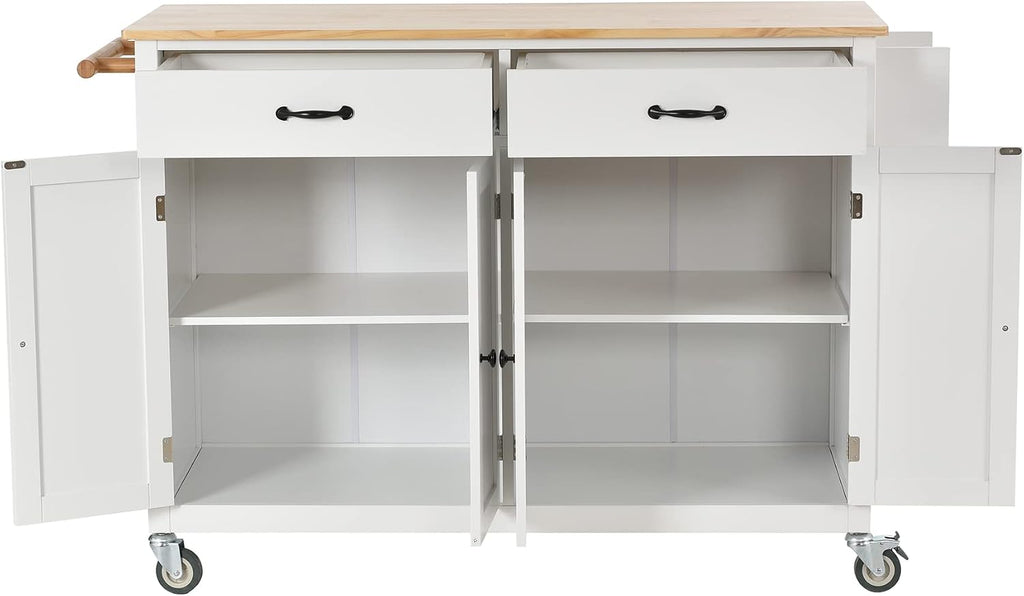 LUMISOL Rolling Kitchen Island on Locking Wheels with 2 Drawers and 4 Cabinets, Kitchen Island Cart with Adjustable Shelves, Solid Wood Tabletop, Storage Cabinet with Spice & Towel Rack, White