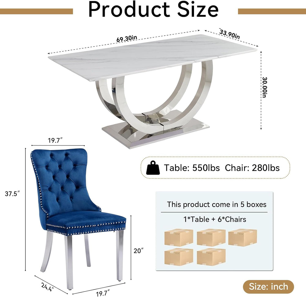 7 Piece Marble Dining Table Set for 6, 69.3" White Silver Kitchen Table ...
