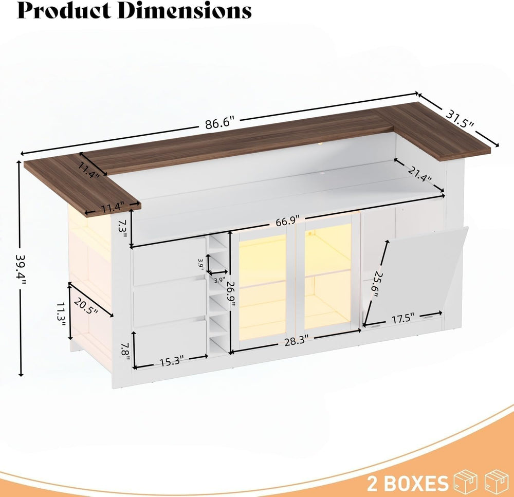 86.6" Large Kitchen Island with Trash Can,Stationary Storage Island with...