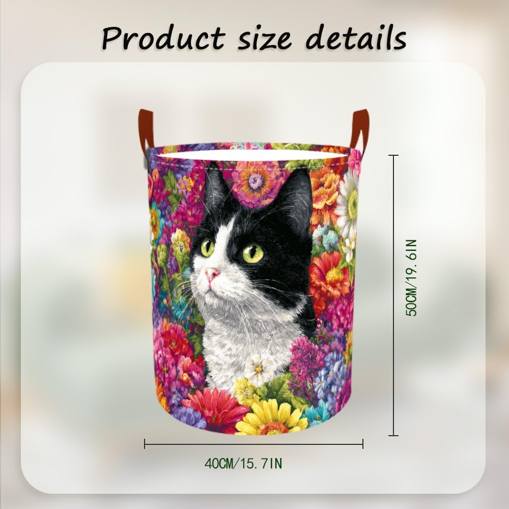 Laundry Baskets 15.7x19.7 Inch Large Cat Floral Garden Design Collapsible Laundry Hamper with Handles Oxford Fabric Clothes Storage Bin Foldable Dirty Clothes Organizer for Bedroom Bathroom Dorm