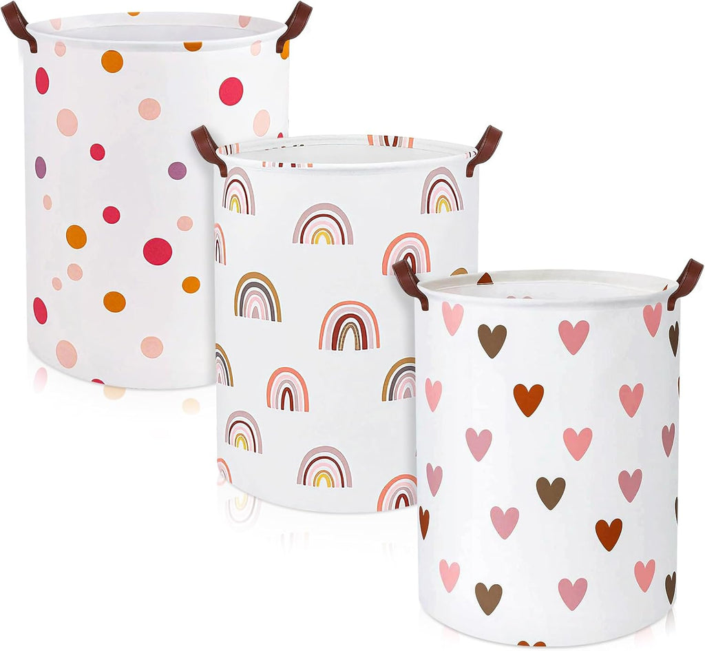 Patelai 3 Pieces Large Laundry Hamper Round Collapsible Organizer Storage Bin Waterproof Foldable Dirty Clothes Laundry Basket for Home Bathroom(Rainbow)