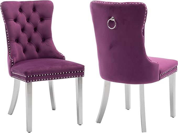 Mid Century Modern Dining Chairs Set of 2, Purple Velvet Upholstered Tufted Back, Kitchen & Dining Room Chairs, Brushed Silver Metal Legs, Nailhead Trim, Sillas para Comedor (Purple, 2 Pcs)