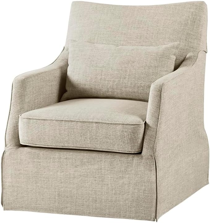 Martha Stewart London Swivel Chair - Solid Wood & Plywood, Skirted Metal Base Accent Armchair, Lumbar Pillow -Modern Classic Family Room Sofa Furniture Bedroom Lounge, 28"X31.5"X35.25", Beige Multi