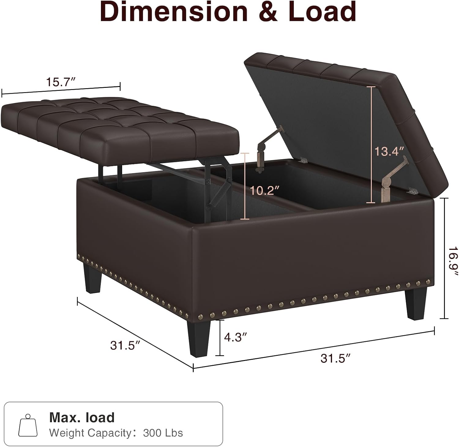 FiveWillowise 31.5 Inch Large Square Ottoman with Storage,Faux Leather | Coffee Table Storage Ottoman Bench with Lift Top Upholstered Footrest Stool Toy Box for Bedroom Living Room,Chocolate