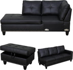 Leather Sectional Sofa with Movable Chaise & Storage Ottoman, 3-Piece Modular Convertible L-Shaped Couches for Living Room, Apartment & Office, Black