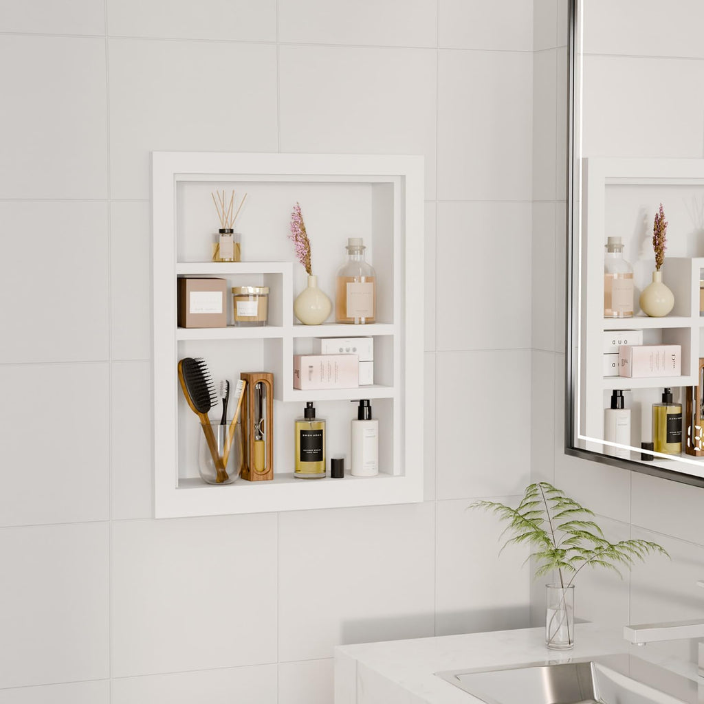 Solid Wood 14 X 18 Recessed Medicine Cabinet,2-Tier, Medicine Cabinet Organizer,Wall Niche, Bathroom Wall Cabinet, Recessed Bathroom Cabinet, Bathroom Cabinet with Storage White