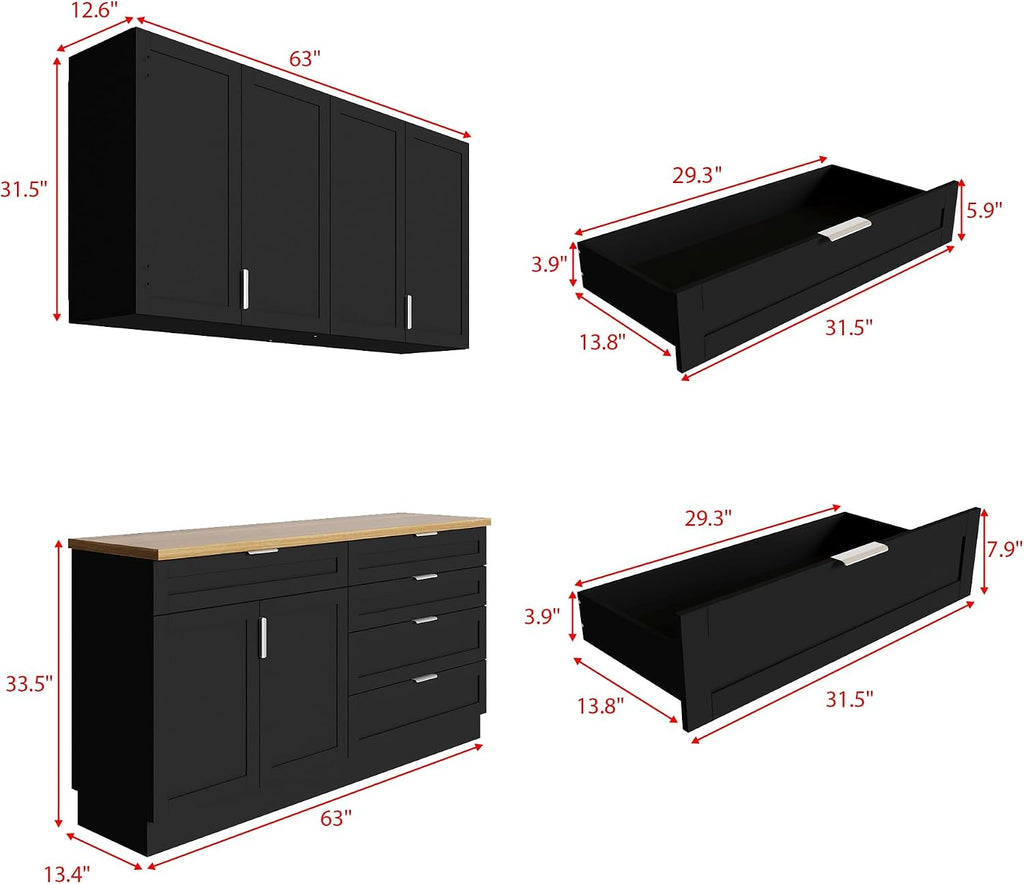 Timechee Large Kitchen Pantry Storage Cabinet Set with Wall Cupboard, Freestanding Food Pantry Cabinet for Kitchen with 6 Doors & 5 Drawers, Sideboards with Storage for Living Room, Black, 63" W
