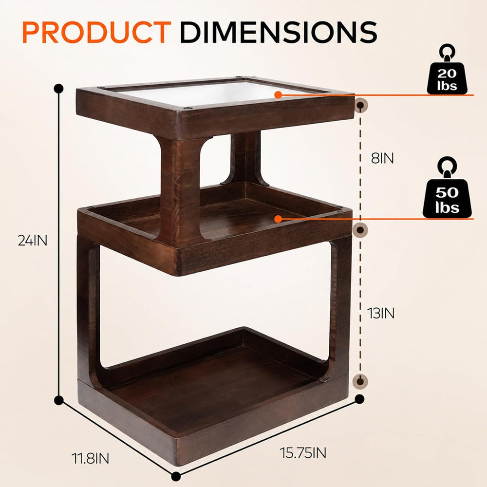 Solid Wood End Table, 3 Tier Small Side Table, Brown Accent Table