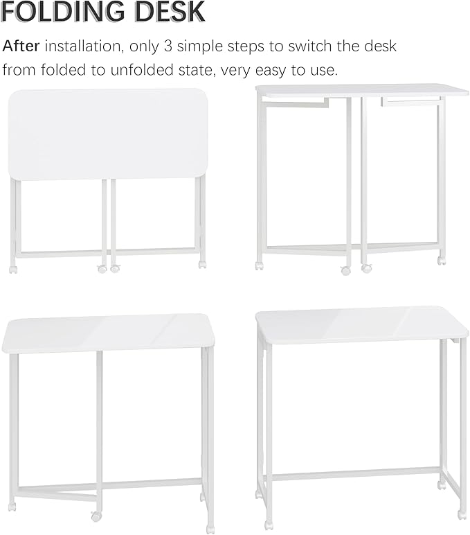 4NM 27.5" Mobile Small Rolling Computer Desk, Folding Laptop Cart Table with Wheels, Portable Office Desk for Small Space Couch Bed - All White
