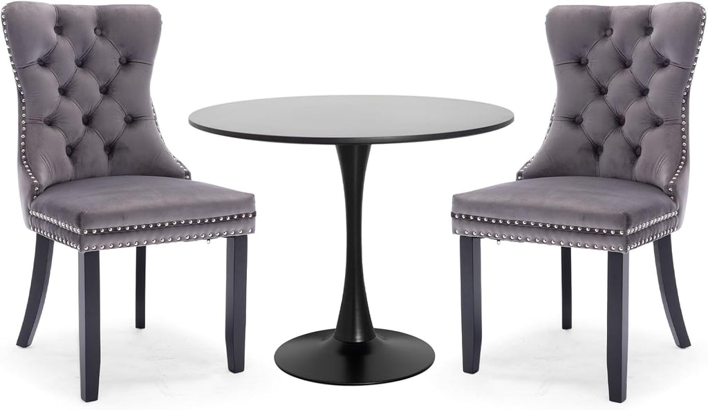 3-Pieces Dining Sets, 31.5" Round Dining Table Set with 2 Velvet Upholstered Dining Chairs,Wooden Legs Design for Kitchen Dining Room Apartment Small Space(1 Black Table with 2 Grey Chairs)