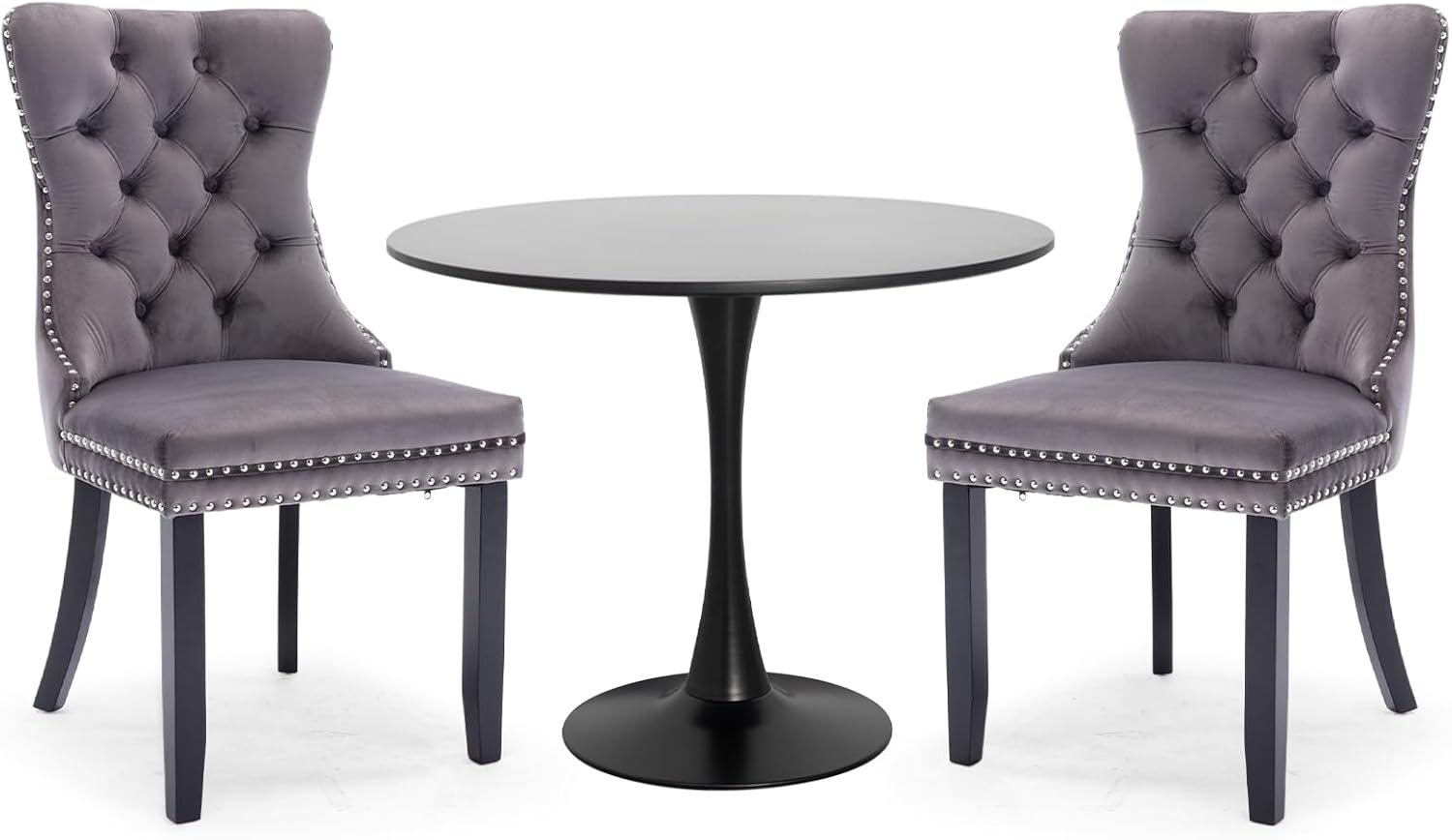 3-Pieces Dining Sets, 31.5" Round Dining Table Set with 2 Velvet Upholstered Dining Chairs,Wooden Legs Design for Kitchen Dining Room Apartment Small Space(1 Black Table with 2 Grey Chairs)