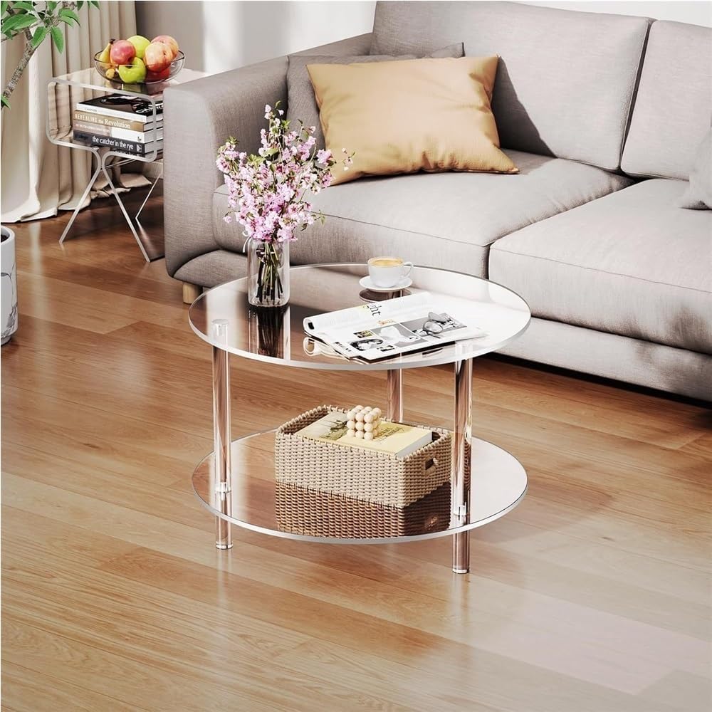 Acrylic Coffee Table, 2 Tier Round Coffee Table, Modern Clear Coffee Table, C...