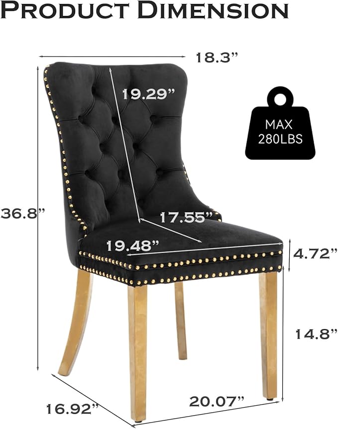 Velvet Upholstered Dining Chairs Set of 4, Modern Style Kitchen Side Chairs with Nailhead Trim and Gold Plated Leg, Metal Pulling Ring for Dining Room Living Room(Black,Set of 4)