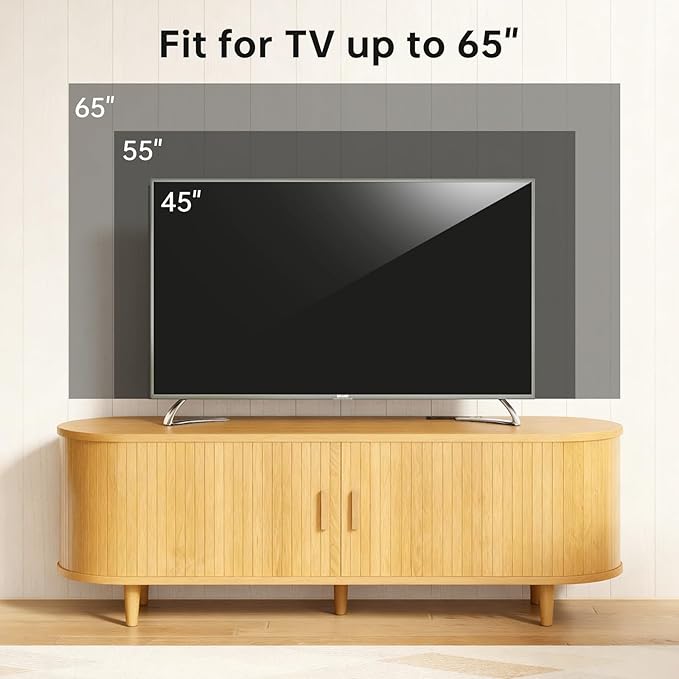 58" Mid Century Modern TV Stand, Wood TV Consoles with Sliding Doors and Power Outlet, Entertainment Center with Adjustable Shelves, Fluted TV Stands for Living Room, Oak