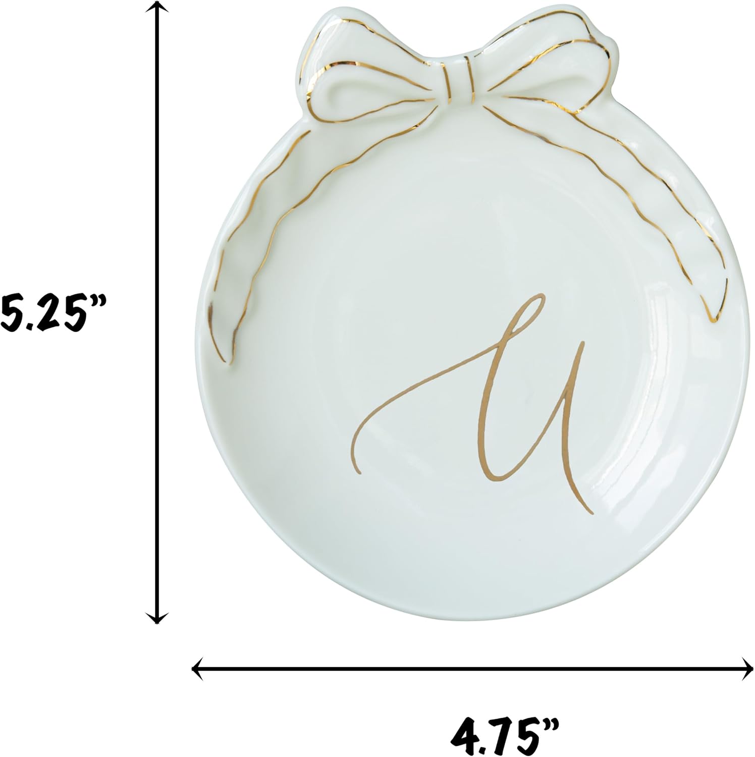 COLLECTIVE HOME - Personalized Initial Ceramic Jewelry Tray with Bow, Christmas Gift Ideas for Women, Small Gift for Girlfriend Wife, Ring Holder, Earrings Dish, Birthday Gift for Her (U)