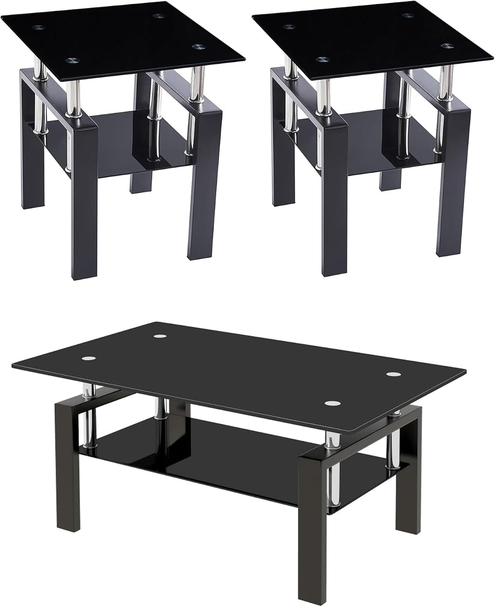 Glass Coffee Table Set of 3, Modern Black Living Room Tables, Coffee and End ...