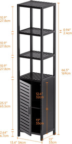 HITNET Bathroom Cabinet Freestanding, Tall Slim Bamboo Storage Cabinet with Shelves and Door, Space Saving Kitchen Cupboard Organizer, Black