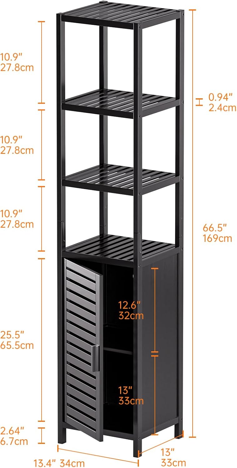 HITNET Bathroom Cabinet Freestanding, Tall Slim Bamboo Storage Cabinet with Shelves and Door, Space Saving Kitchen Cupboard Organizer, Black