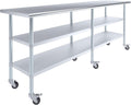 AmGood Stainless Steel Work Table with 2 Shelves and Casters | Metal Utility Table On Wheels (Stainless Steel, 96" Long x 24" Deep)