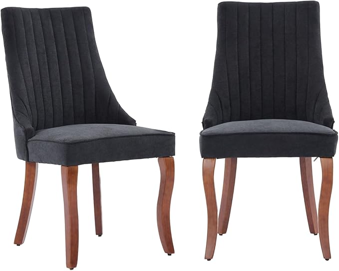 Dining Chairs Set of 2,Comfy Fabric Upholstered Accent Chairs for Kitchen Living Room,Channel Tufted Dining Room Chairs with Curved Solid Wood Legs(Black)