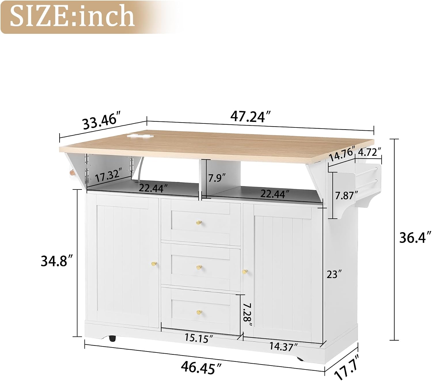 JIJIWANG Multifunctional Extendable Kitchen Island Cart with with Towel Rack,Spice Rack Shelf US Standard Outlet, 47 * 18 * 36inch,5 Wheels Mobile Kitchen Storage Cabinet,1 inchThick Top Board,White