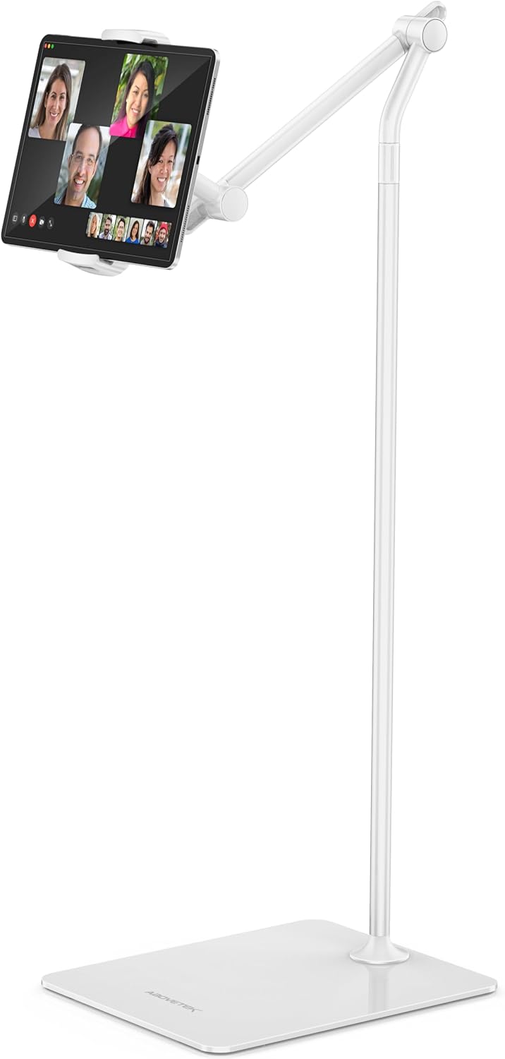 AboveTEK Tablet Floor Stand,Stylish Adjustable Height iPad Floor Stand with Stable Base,Aluminum 360° Rotation Holder for Sofa Bed,Fits 4.7-13.5"iPad Pro 12.9/Air/Mini,Galaxy Tab,iPhone, Kindle(White)