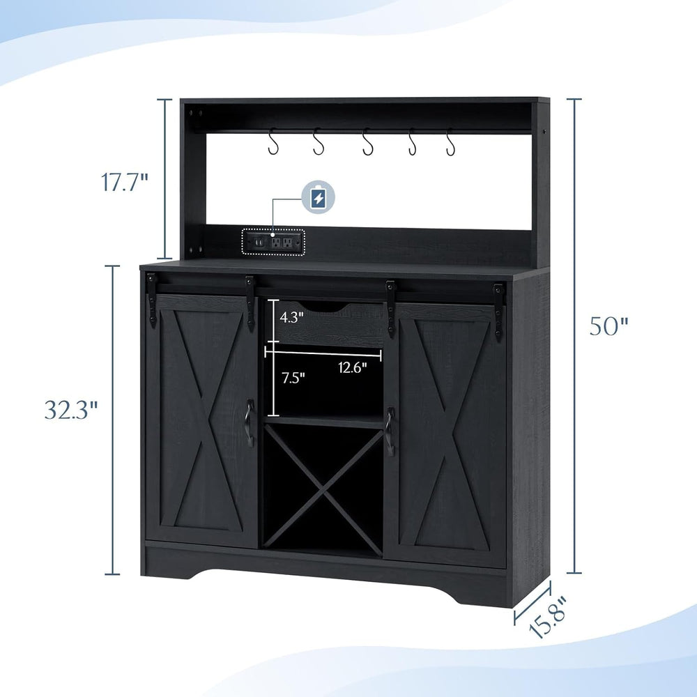 Wnutrees Farmhouse Coffee Bar Cabinet with Charging Station and USB, Black | ...