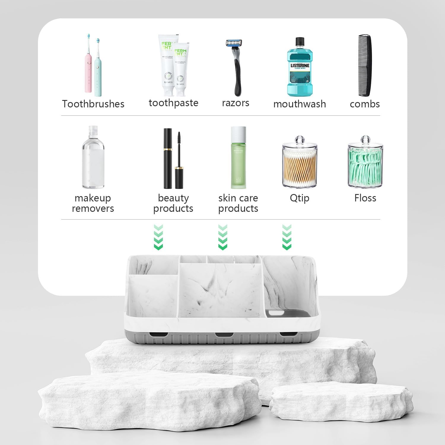 Bathroom Toothbrush Holder Set with 2 Pack Qtip Holder Dispenser - Detachable 7 Slots Bathroom Accessory Set, Kids Marble Bathroom Sink Counter Set, Bathroom Essentials Decor, Grey