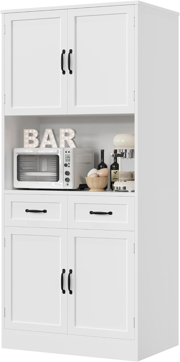HOSTACK 71" Tall Kitchen Pantry Storage Cabinet, Wood Kitchen Hutch, Whi...