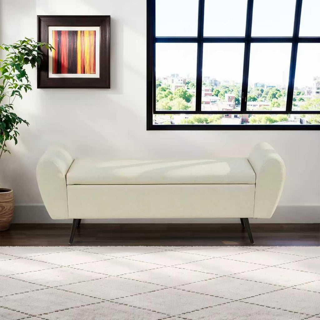 56" Faux Leather Storage Bench for Bedroom King Size Bed, Beige | Long Ottoman, Modern End of Bed Bench, with Arm, Upholstered, For Bedroom/Living Room/Window/Entryway