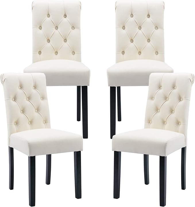 PU Leather Dining Chairs Set of 4, Farmhouse Upholstered Kitchen Chairs Modern Accent Chairs Wood Parsons Side Chairs for Bedroom/Living Room/Resturant, Cream