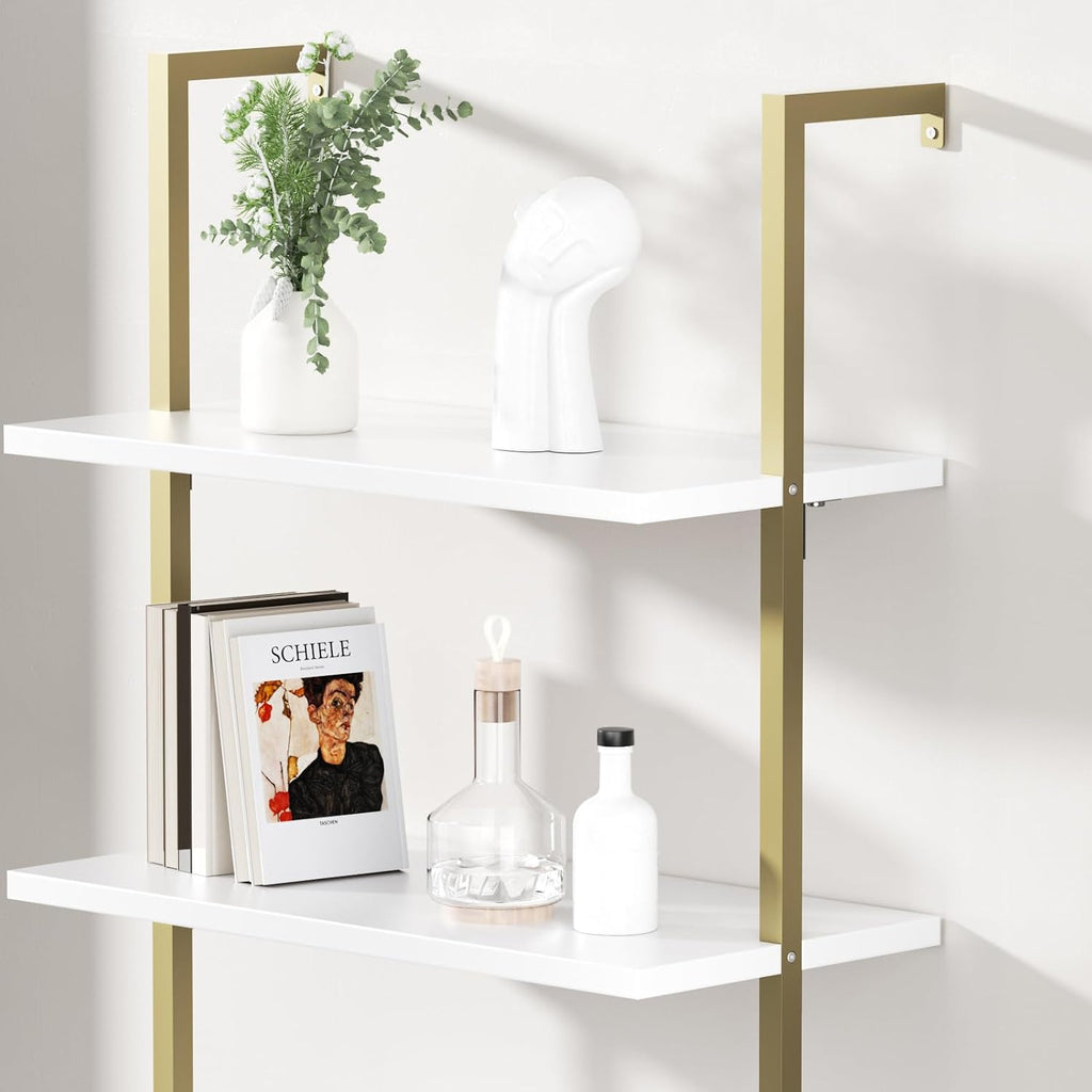 Halitaa 71”Ladder Shelf with Storage Cabinet, Wall Mounted Ladder Bookshelf | Modern Wall Mount Bookcase with Fluted Doors, Display Shelves for Living Room, Bedroom, Bathroom, Home Office, White & Gold