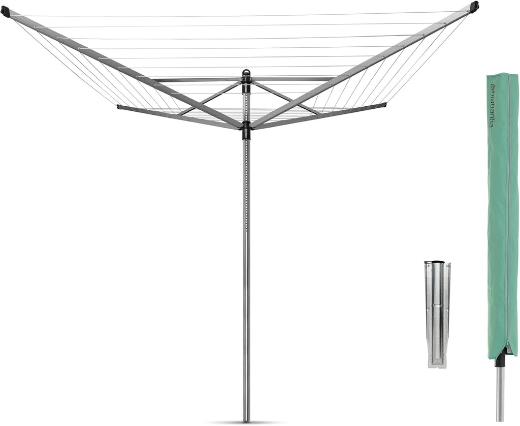 Brabantia Lift-O-Matic Outdoor 4 Arm Clothesline (197 ft/Ø 1.8") Height Adjustable, Folding Clothes Drying Rack + Ground Spike & Cover (Gray)