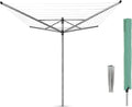 Brabantia Lift-O-Matic Outdoor 4 Arm Clothesline (197 ft/Ø 1.8") Height Adjustable, Folding Clothes Drying Rack + Ground Spike & Cover (Gray)