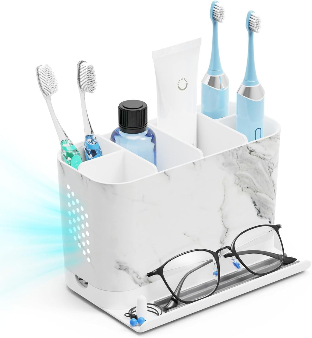 Toothbrush Holders, Toothbrush Caddy with Front Ledge and Cord Slots, Detachable Tooth Brush Holder for Bathroom Countertop, Shower, Vanity, Large Capacity 6 Slots Marble Bathroom Accessories