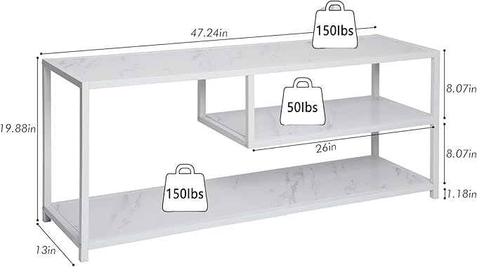 Function Home TV Stand for TVs up to 55 Inch, 3 Tier Entertainment Center, Media Console with Open Storage Shelves for Living Room Bedroom, 47” Modern TV Table with Wood Top White Metal Legs