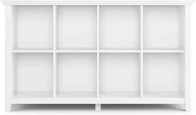 SIMPLIHOME Acadian Console Table - 57 Inch Wide Solid Wood 8-Cube Storage Sofa Table in White, Transitional Storage Unit for Living Room or Bedroom with Grooved Side Panels and Tapered Legs
