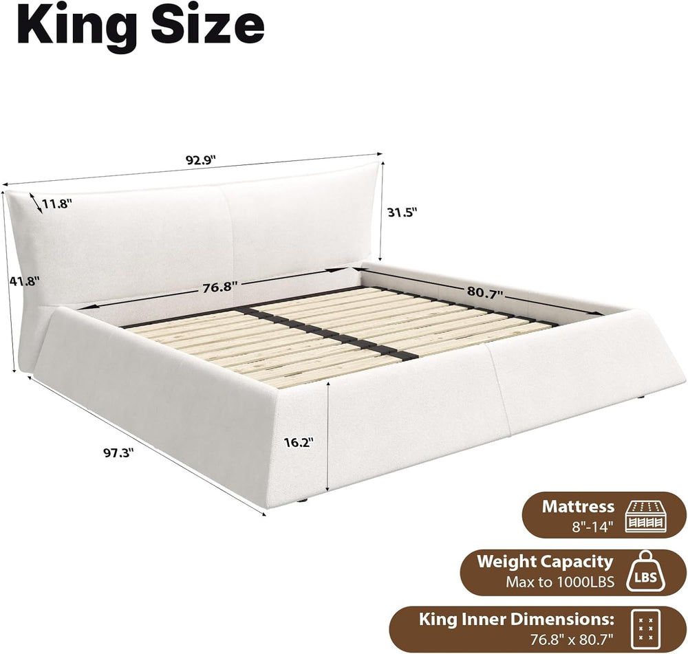 King Size Bed Frame with Oversized Headboard, Luxury Cloud Bed, Ivory