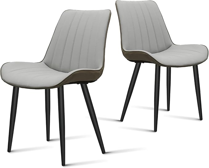 Dining Chairs Set of 2, Leather Modern Kitchen & Dining Room Chairs, Comfortable Upholstered Kitchen Chairs with Metal Legs Armless Side Chairs for Kitchen Restaurant, Light Grey & Dark Grey