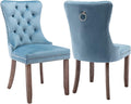 Upholstered Dining Chairs Set of 2, Velvet Dining Room Chairs with Back Ring Pull Trim and Solid Wood Legs, Tufted Wingback Kitchen Chair Perfect for Dining Room,Living Room,Kitchen(Light Blue)