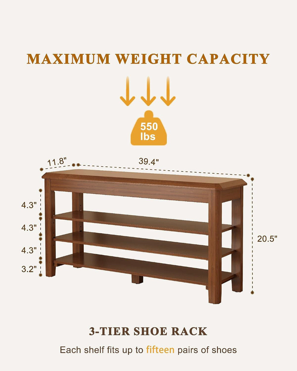 IUNVR Shoe Rack Bench Seat Rubberwood 3-Tier Wooden Storage Bench 550lbs Comp...